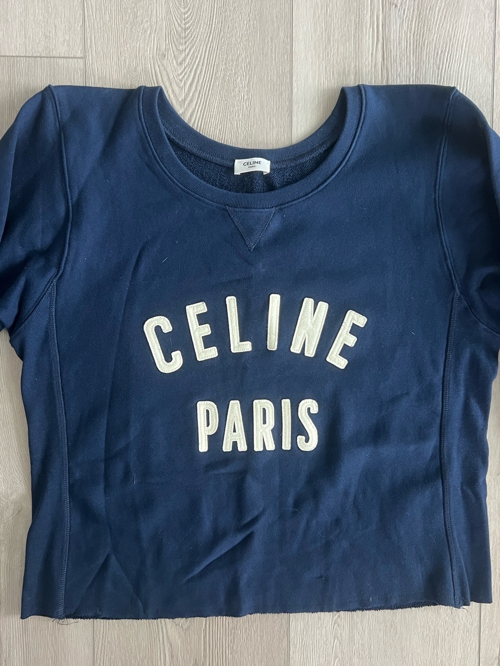 Celine Paris Navy Crewneck Sweatshirt w Felt Letters Raw Hem Boxy Fit 40 Large